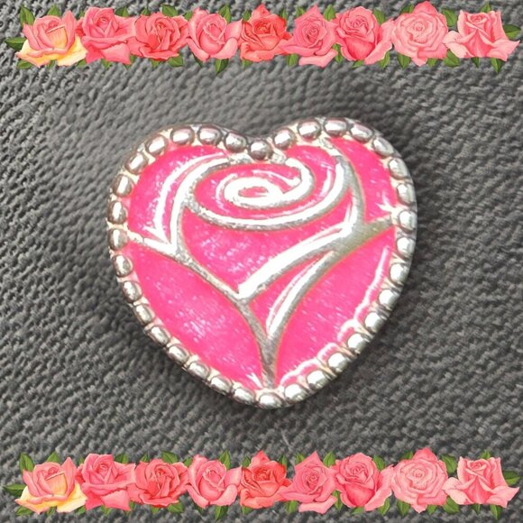 Heart-Shaped Sterling Silver Charm With Pink Rose Design (NWOT) - Picture 1 of 5